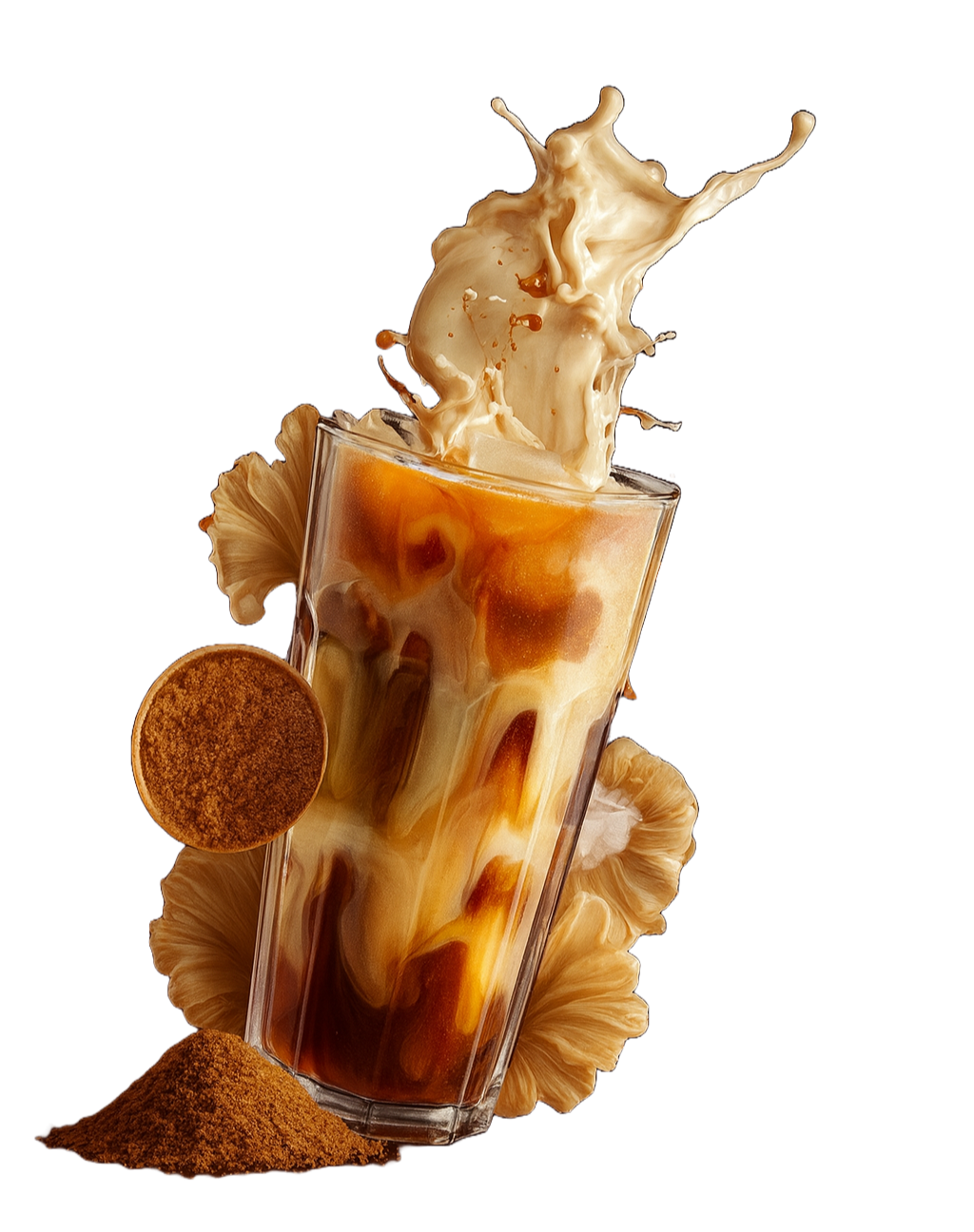 A glass of mushroom coffee with creamy swirls and a dramatic splash on top, surrounded by mushroom powder and dried mushroom slices